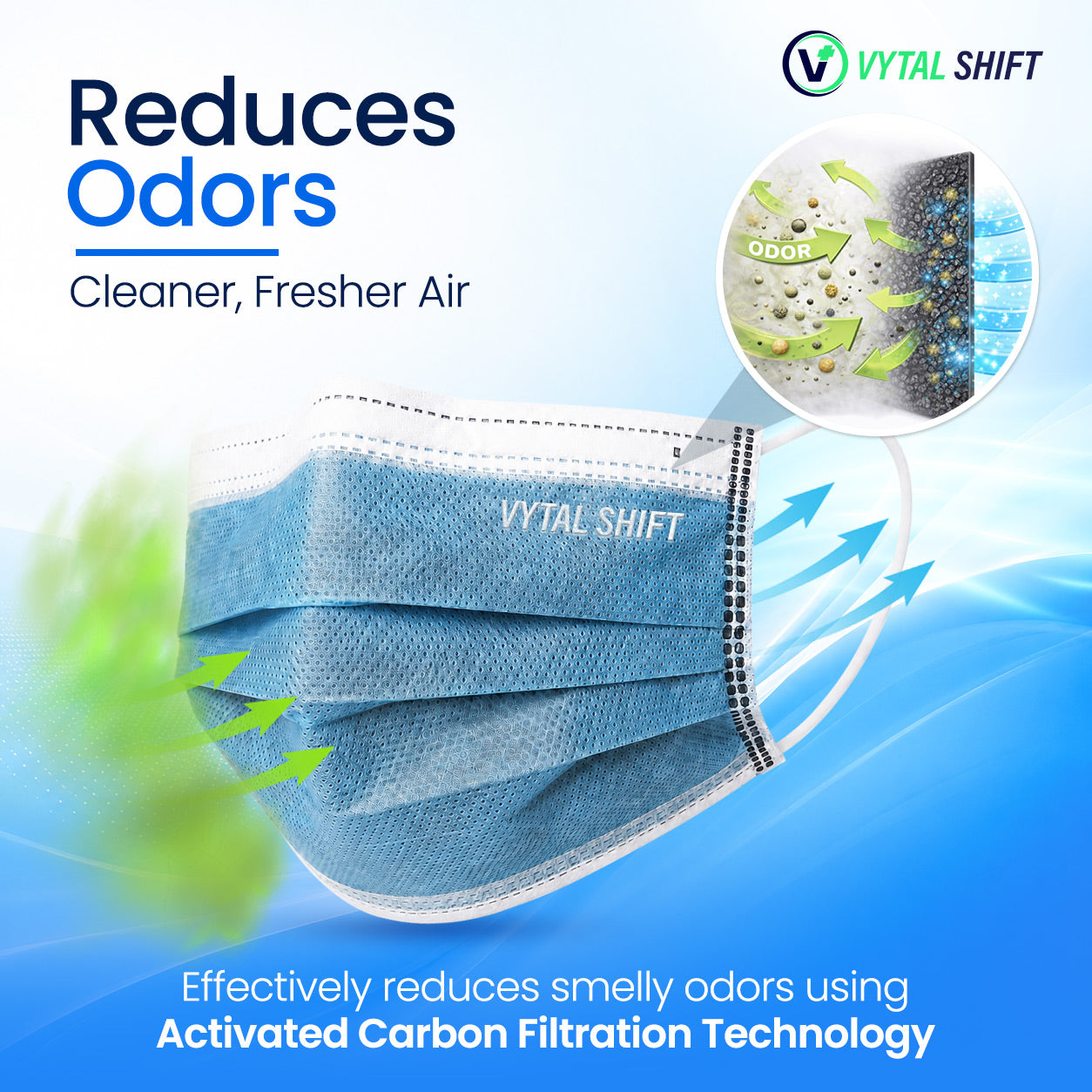 Odor Control Face Mask - Activated Carbon Filter - 50 Count Blue