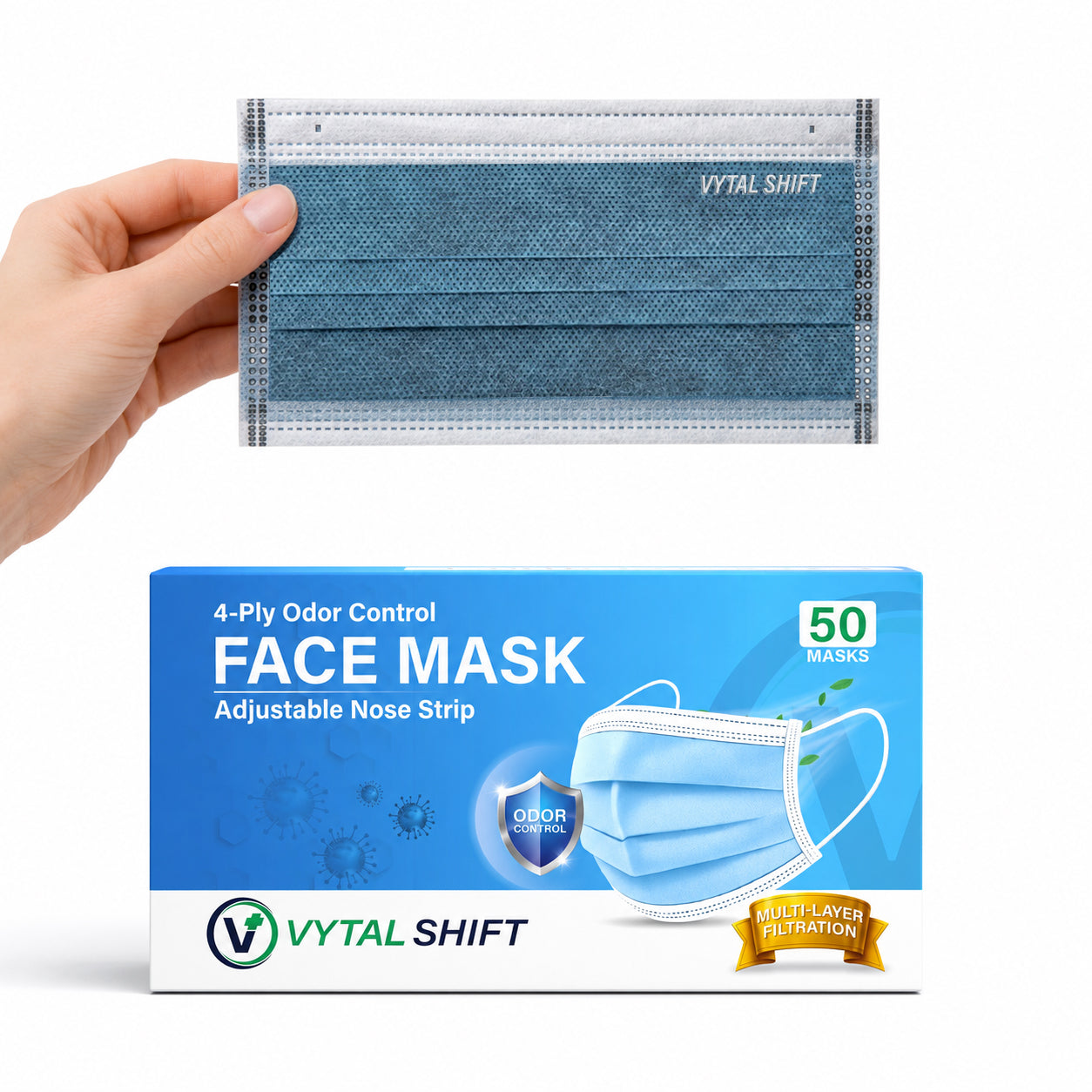 Odor Control Face Mask - Activated Carbon Filter - 50 Count Blue