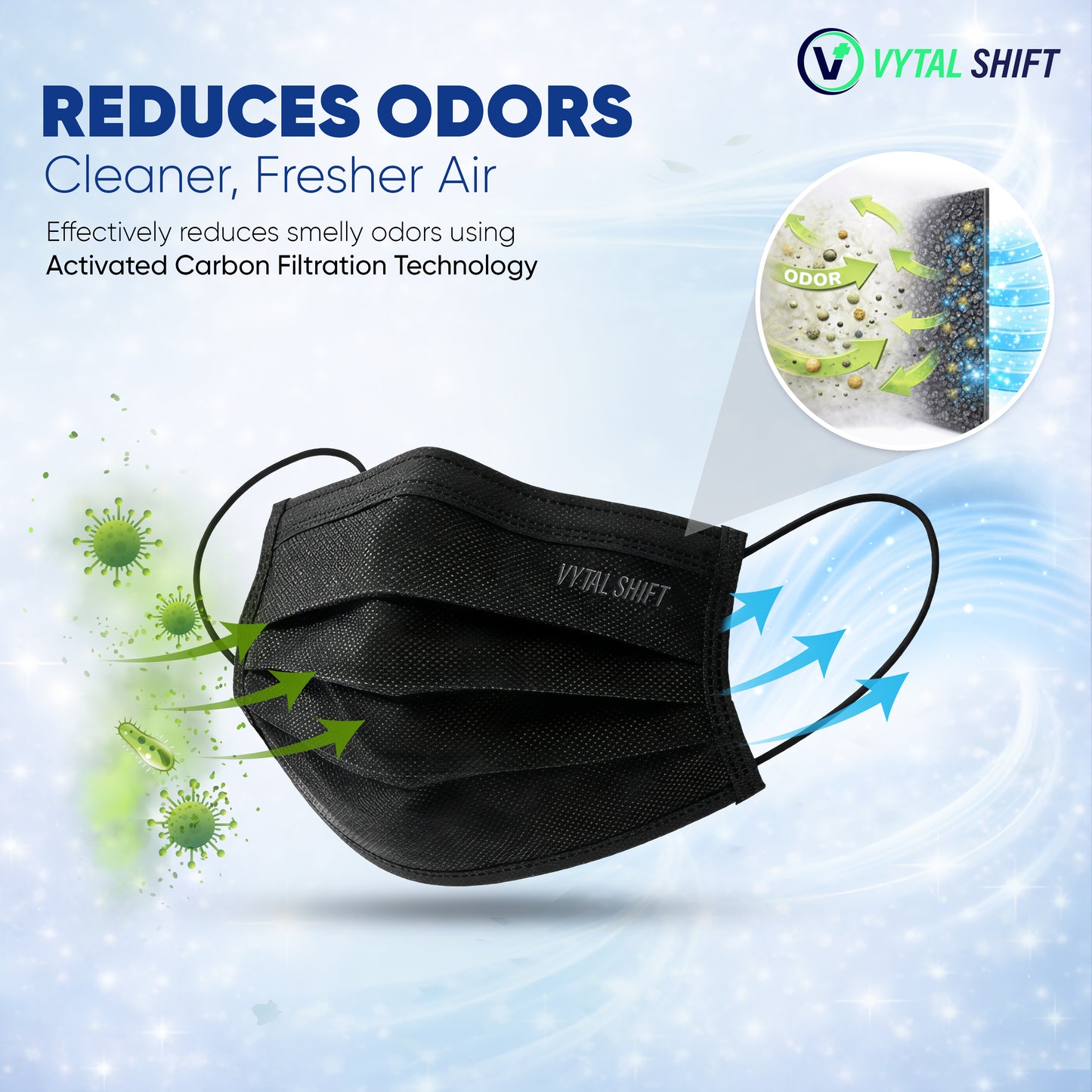 Odor Control Face Mask - Activated Carbon Filter - 50 Count Black