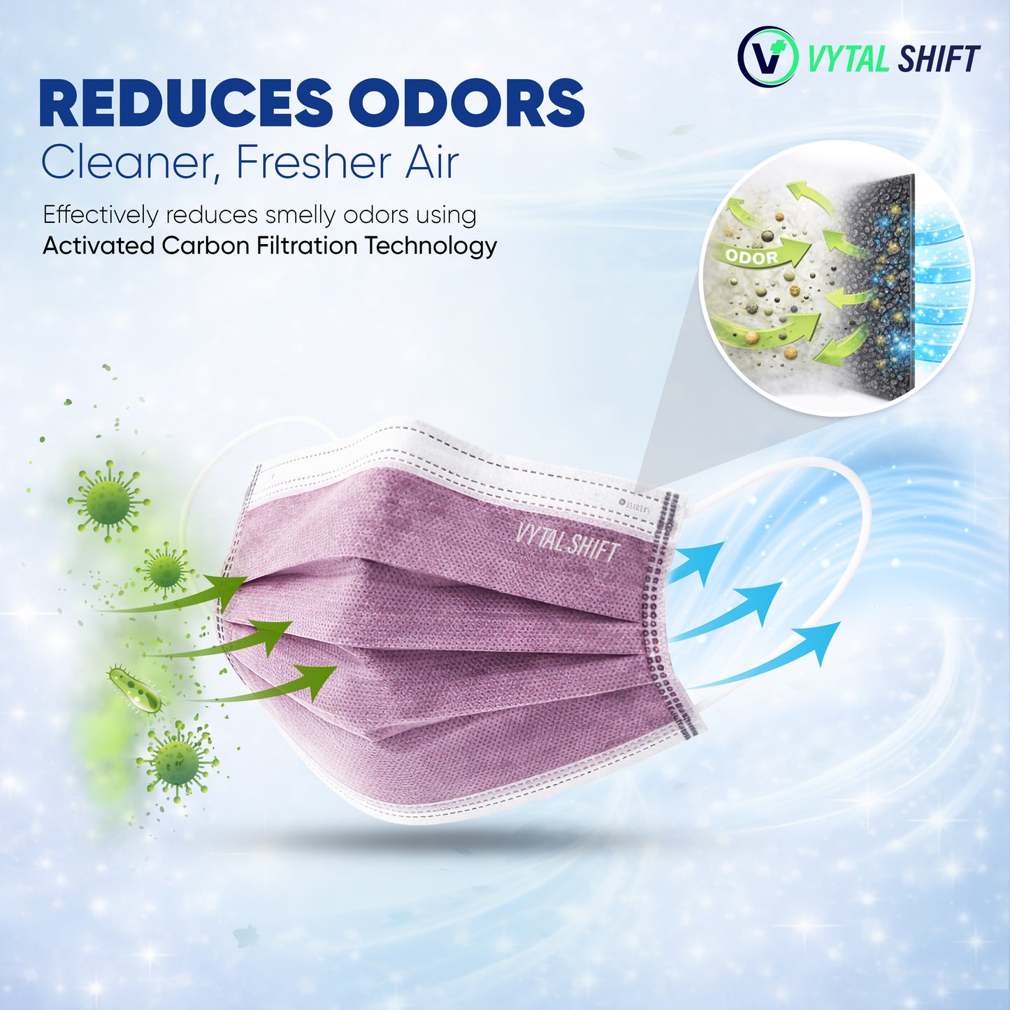 Odor Control Face Mask - Activated Carbon Filter - 50 Count Pink