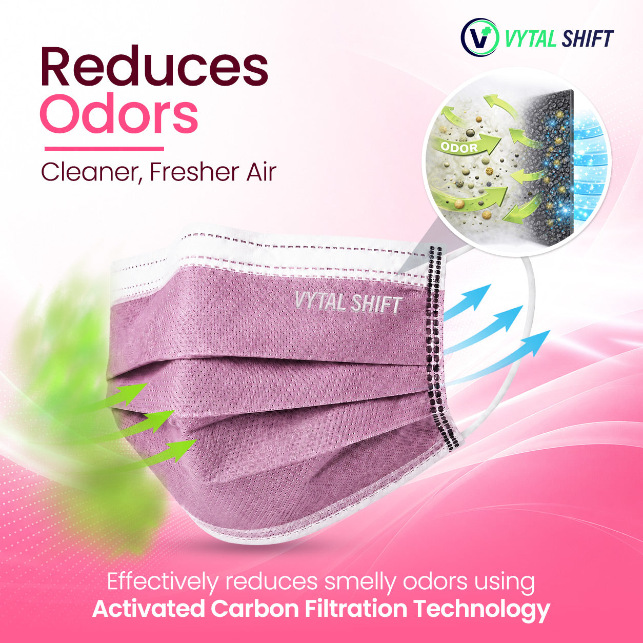 Odor Control Face Mask - Activated Carbon Filter - 50 Count Pink
