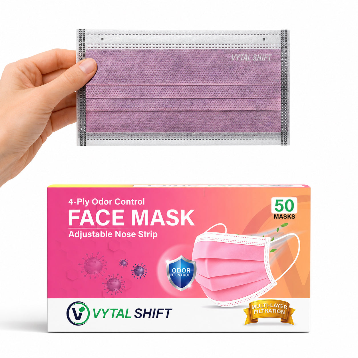 Odor Control Face Mask - Activated Carbon Filter - 50 Count Pink